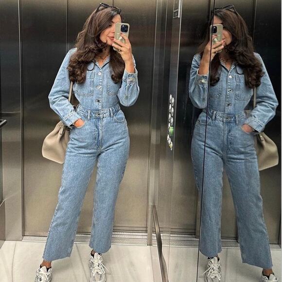 ZARA BLOGGER FAVORITE TRF LONG DENIM JUMPSUIT - Picture 2 of 13